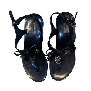 Coach Women's Sandal Helma Size 5 Black Jelly Thong Slingback Logo Bow Flat Shoe